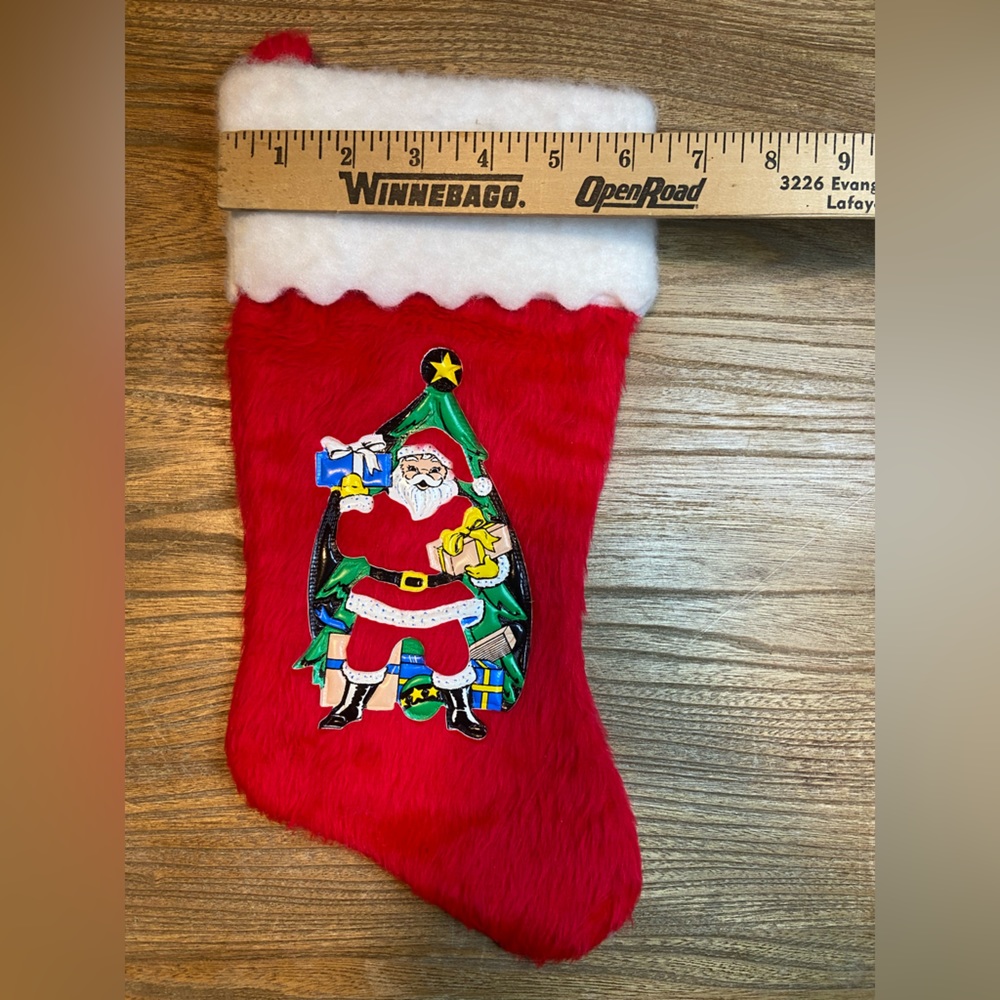 Vintage Red/White Furry Christmas Stocking W/Plastic Santa Graphic - Picture 5 of 6